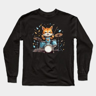 Cool Cat playing on Drums cartoon style Long Sleeve T-Shirt